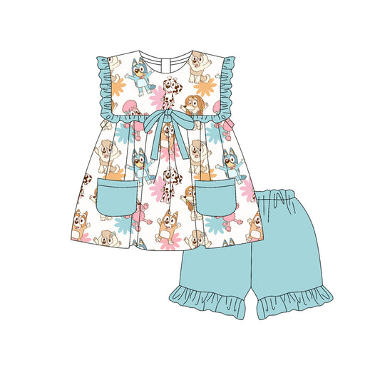 Preorder (moq 5)Baby Girls Aqua Sleeveless Cartoon Dogs Flowers Pockets Tunic Ruffle Shorts Set