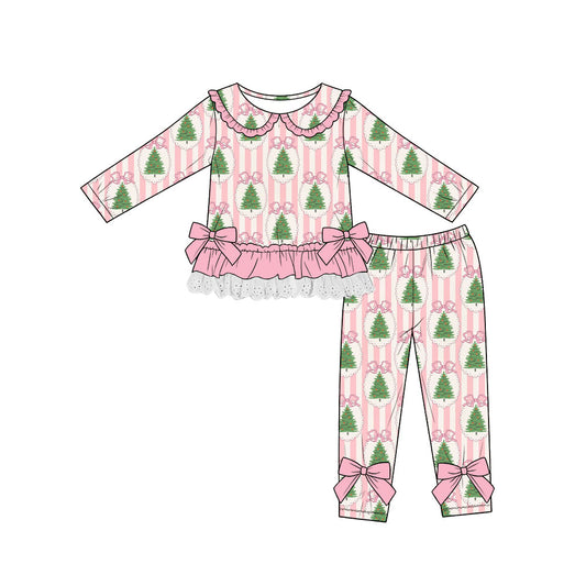 Preorder (moq 5)Baby Girls Bows Trees Stripe Lace Ruffle Top Leggings Christmas Sets