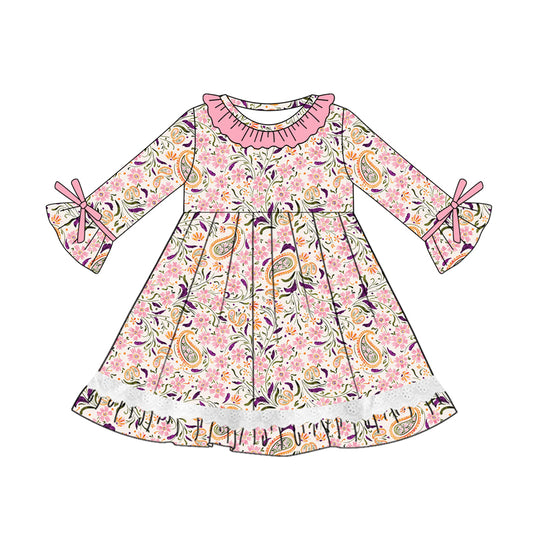 Preorder (moq 5)Baby Girls Long Sleeves Pink Floral Lace Ruffle Knee Length Dresses