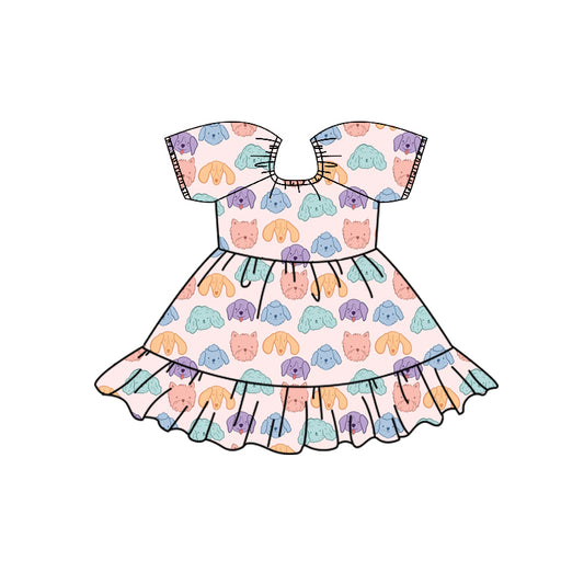 Preorder (moq 5)Baby Girls Colorful Dogs Plaid Ruffle Knee Length Dresses