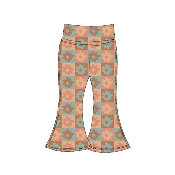 Preorder (moq 5)Baby Girls Brown Flowers Plaid Yoga Bell Bottom Pants