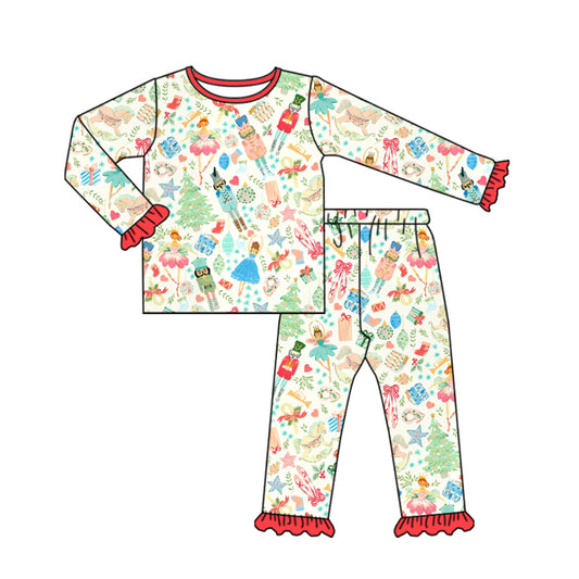 Preorder(moq 5) Baby Girls Long Ruffle Sleeves Christmas Trees Soldiers Top Pants Pajamas Set