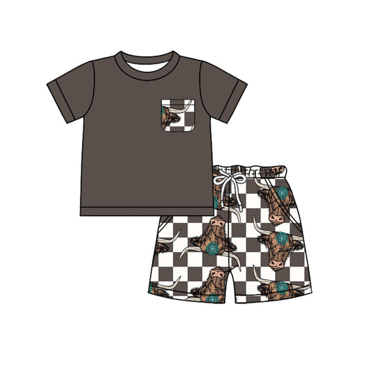 Preorder (moq 5)Baby Boys Grey Pocket Top Highland Cow Shorts Clothes Sets