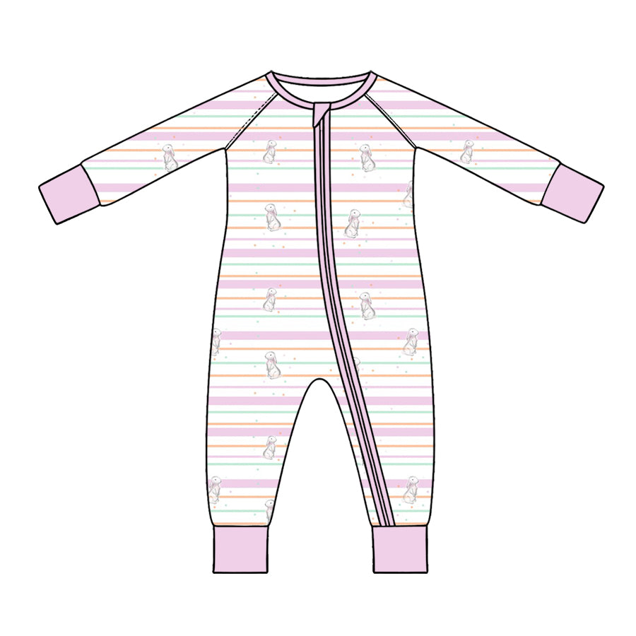 Preorder (moq 5) Baby Girl Clothes Easter Pastel Stripe Bunny Print Long Sleeve Zipper Romper