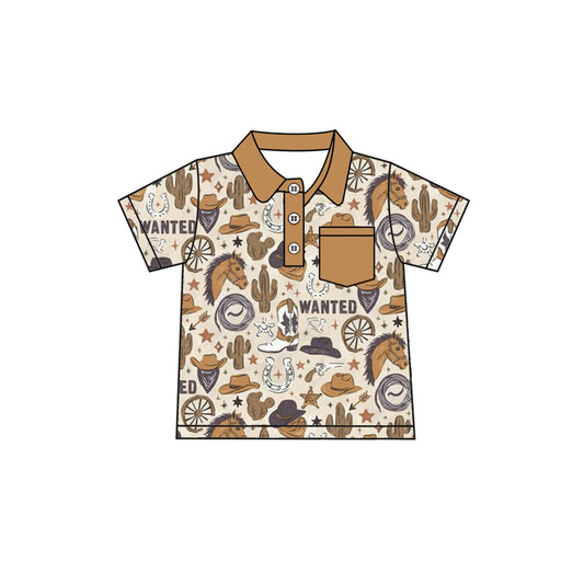 Preorder (moq 5)Baby Boys Horse Cactus Short Sleeves Button Pocket Pullovers Tee Shirts
