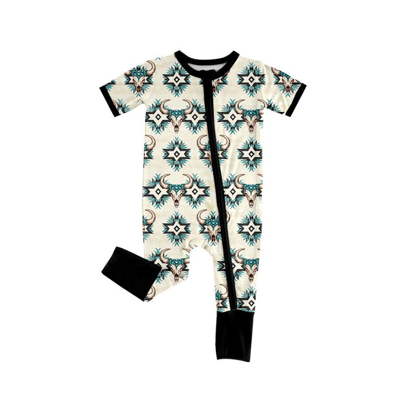 Preorder (moq 5)Baby Girls Short Sleeves Aztec Bull Skull Zipper Rompers