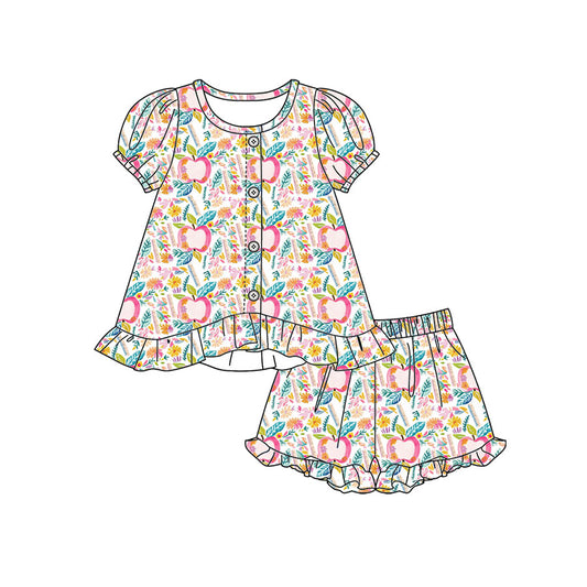 Preorder moq 5 Baby Girls Floral Pencils Button Tunic Ruffle Shorts Clothes Set