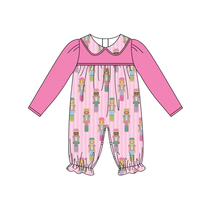 Preorder (moq 5)Baby Girls Hot Pink Long Sleeves Soldier Stripe Ruffle Pant Rompers