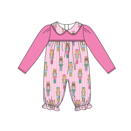 Preorder (moq 5)Baby Girls Hot Pink Long Sleeves Soldier Stripe Ruffle Pant Rompers