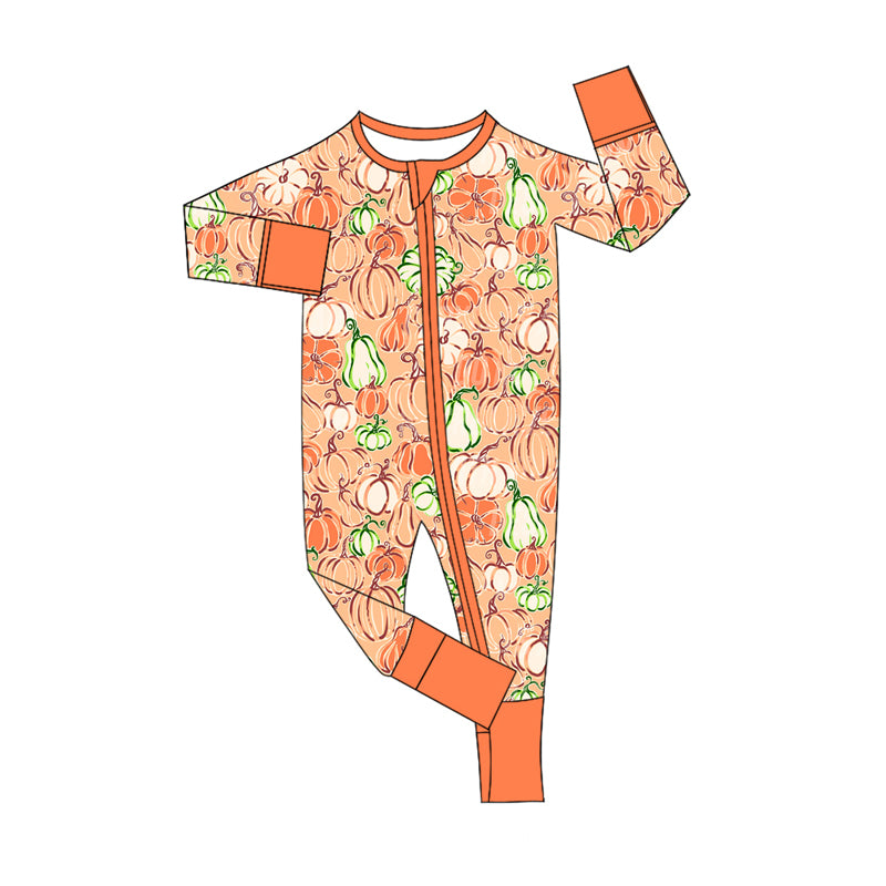 Preorder (moq 5)Baby Boys Orange Long Sleeves Pumpkins Plaid Zipper Rompers