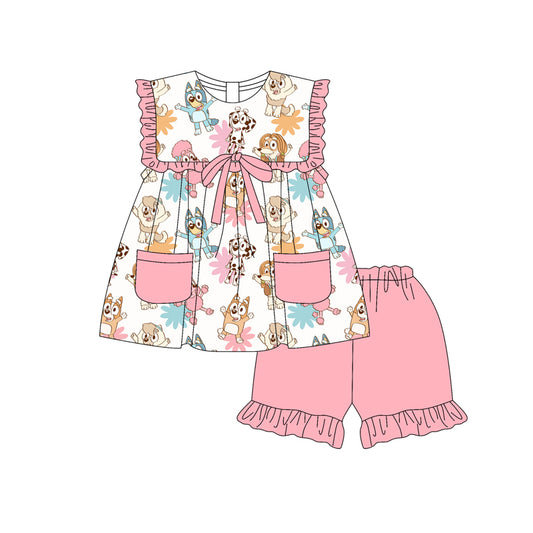 Preorder (moq 5)Baby Girls Pink Sleeveless Cartoon Dogs Flowers Pockets Tunic Ruffle Shorts Set