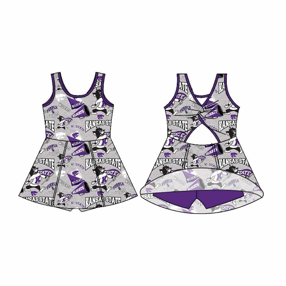 Preorder (moq 5)Baby Girls Sleeveless Kansas State Purple Bows Shorts Team Knee Length Dresses