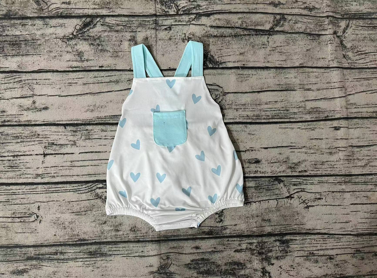 Baby Infant Boys Valentines Blue Hearts Pocket Straps Rompers