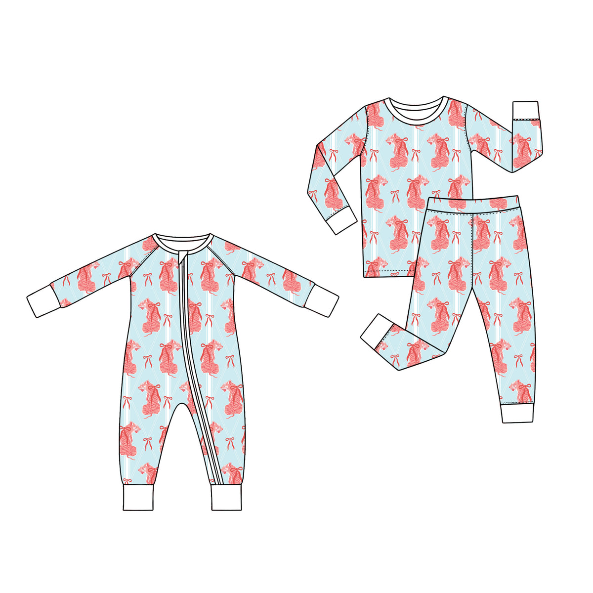 Preorder (moq 5) Baby Girl Clothes Pink Tiger Bow Argyle Print Long Sleeve Kids Pajama Set