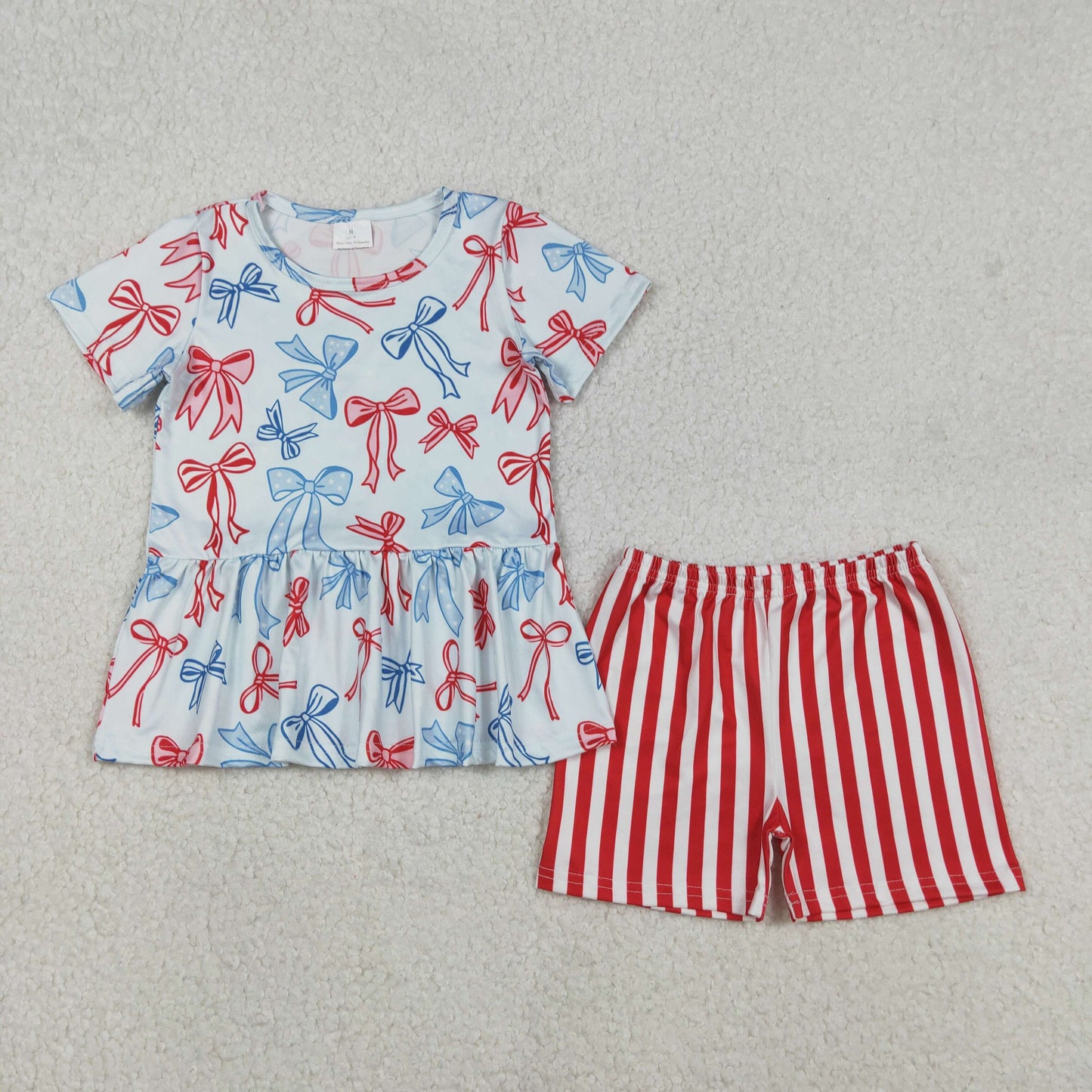 Baby Girls Red Blue Bows Ruffle Top Stripe Shorts July 4th Clothes Sets