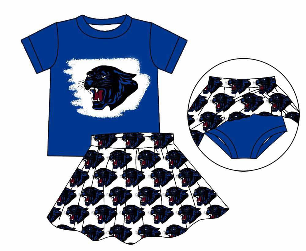 Preorder (moq 5)Baby Girls Blue Leopard Top Bummie Skorts Team Sets