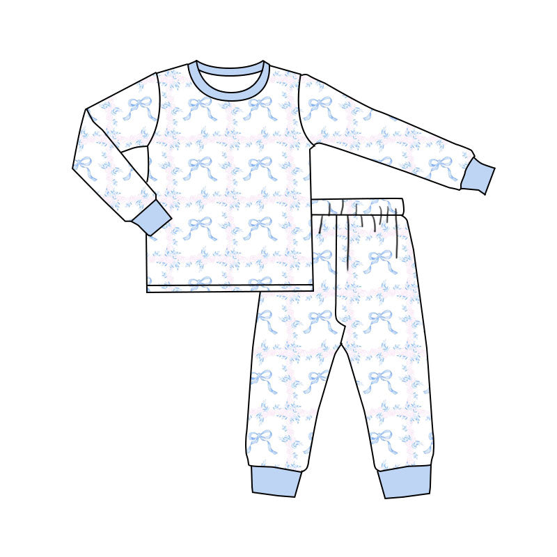 Preorder (moq 20)Baby Kids Bamboo Blue Bows Flowers Pajamas Sets
