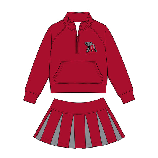Preorder (moq 5)Baby Girls Zip Pocket Alabama Pullovers Grey Red Skirt Short Team Clothes Set