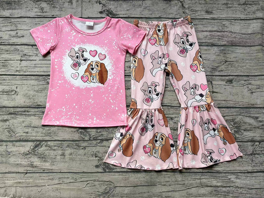 Baby Girls Pink Dogs Valentines Tee Top Bell Bottom Pants Clothes Sets