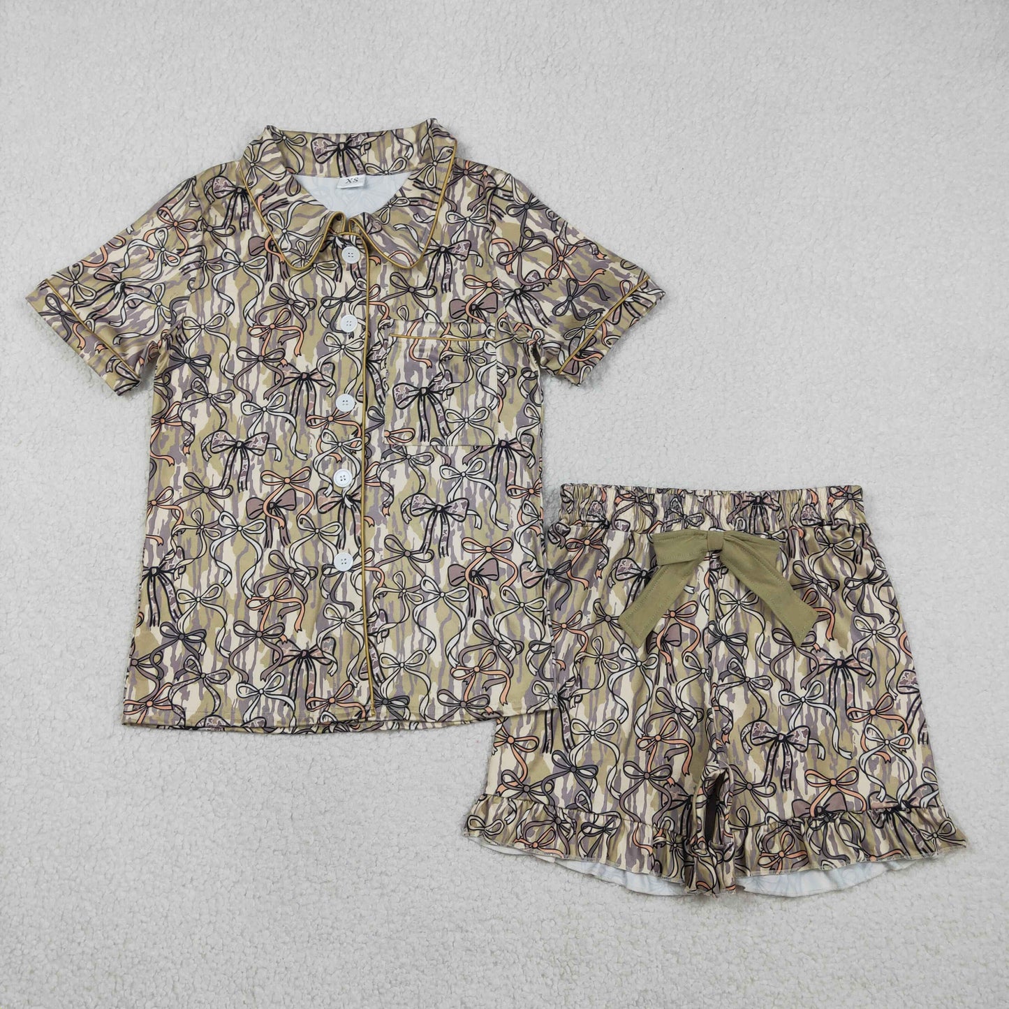 Adult Women Southern Olive Camo Bows Button Pocket Top Ruffle Shorts Pajamas Set