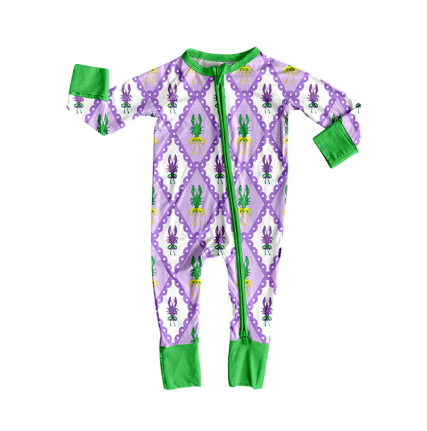Preorder (moq 20)Baby Girls Bamboo Mardi Gras Crayfishes Checked Zippy Footie Rompers