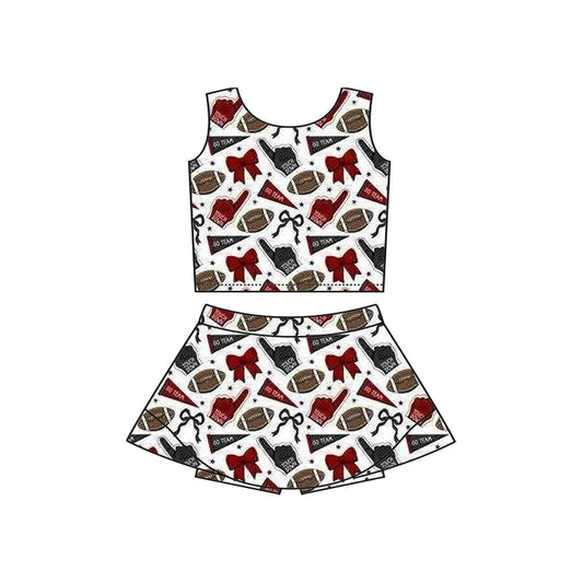 Preorder moq 5 Baby Girls Sleeveless Dark Red Football Cheer Plaid Vest Top Skorts Team Set