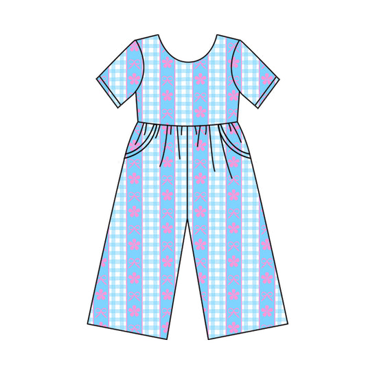Preorder (moq 5)Baby Girls Blue Short Sleeves Bows Flowers Stripe Pockets Pant Jumpsuits