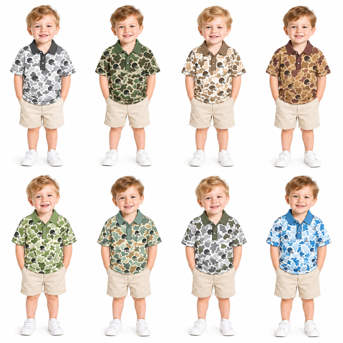 Preorder (moq 5) Baby Boy Clothes Grey Camo Football Helmet Print Short Sleeve Polo Shirt