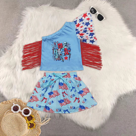 Baby Girls 4th of July America Fringe Shirt Flag Bow Skorts Outfits