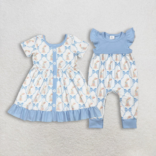 Sibling Baby Girls Bows Rabbits Checked Easter Ruffle Knee Length Dress Rompers