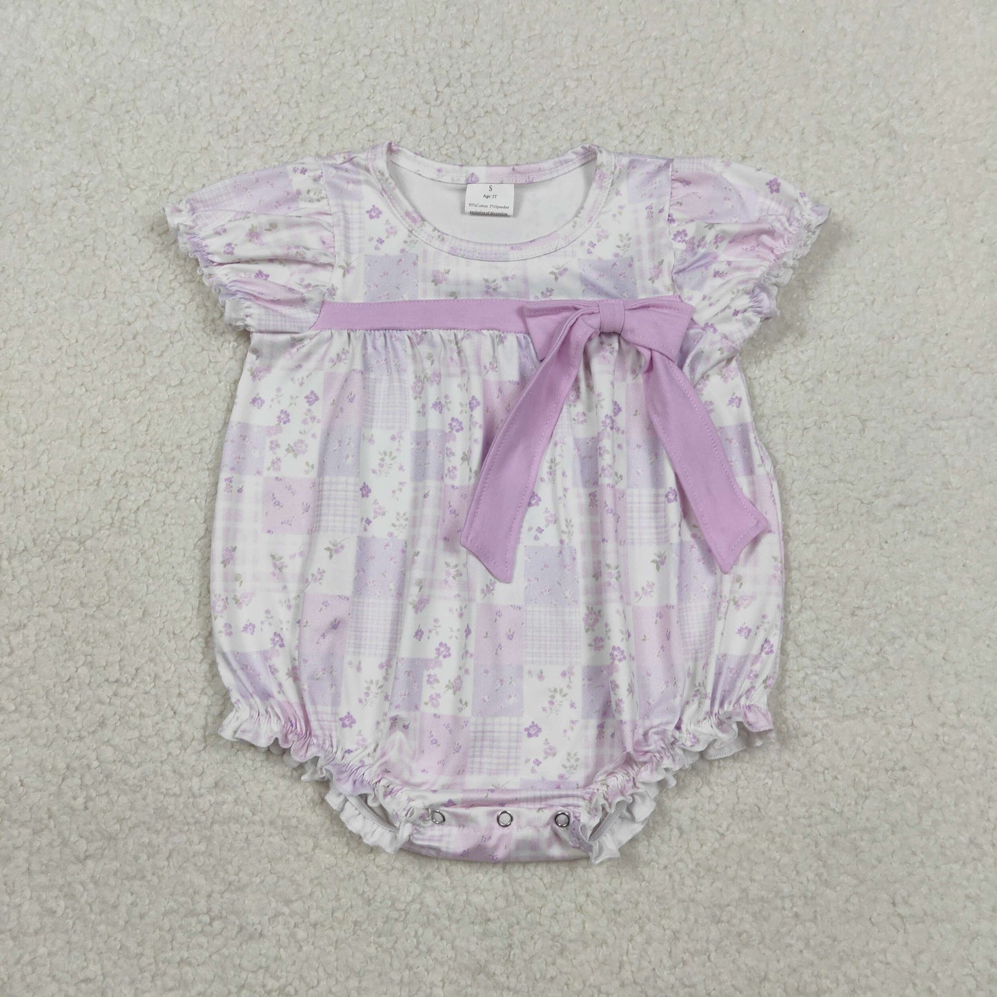 Baby Girls Short Sleeve Flowers Checked Bow Top Ruffle Rompers