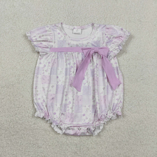 Baby Girls Short Sleeve Flowers Checked Bow Top Ruffle Rompers
