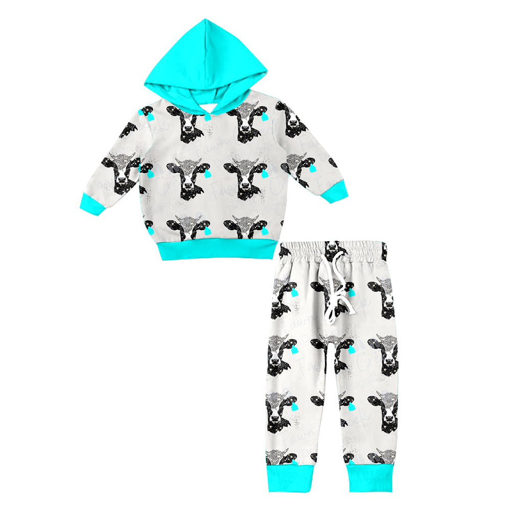 Baby Kids Cow Tag Western Hooded Top Pants Clothes Sets Preorder(moq 5)