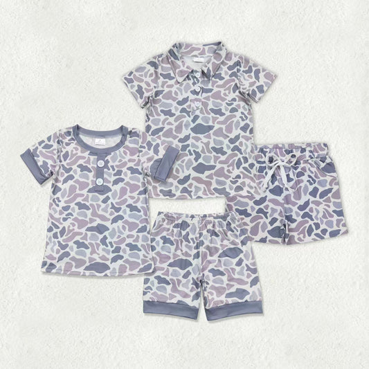 Sibling Baby Boys Southern Light Grey Camo Button Shirts Top Shorts Pajamas Clothes Set