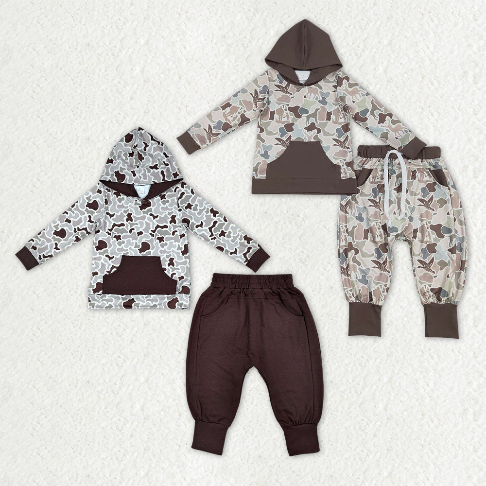 Sibling Baby Boys Dogs Ducks Brown Camo Pocket Hoodie Joggers Hunting Clothes Sets