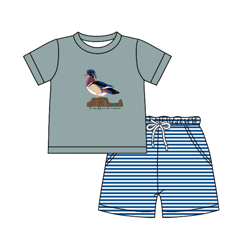 Preorder (moq 5)Baby Boys Wild Ducks Hunting Blue Shirt Top Stripes Shorts Outfits