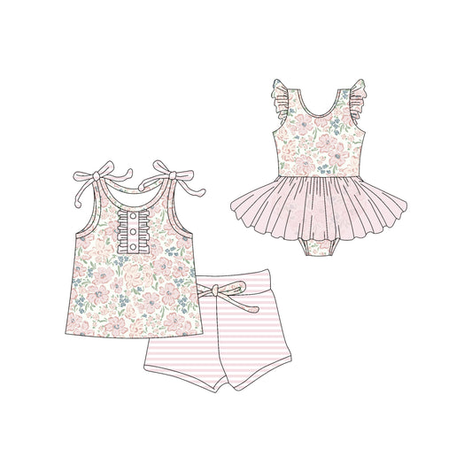 Preorder moq 5 Custom Baby Girls Pink Strap Floral Button Top Stripe Short Set Skort Bummise Romper