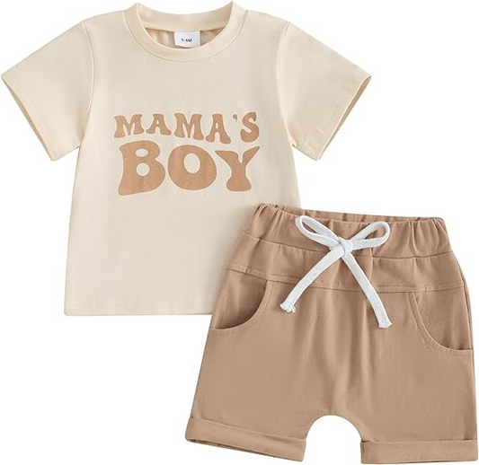 Baby Boys Khaki Mama's Boy Shirt Summer Shorts Clothes Sets preorder (moq 5)