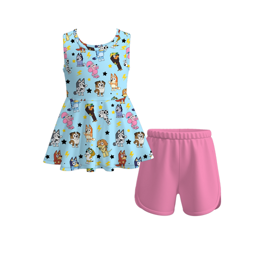 Baby Girls Dogs Blue Sleeveless Tunic Top Shorts Clothes Sets preorder (moq 5)