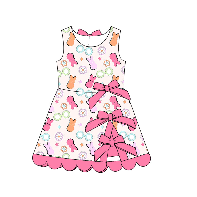 Preorder (moq 5)Baby Girls Colorful Rabbit Flowers Easter Short Scallop Knee Length Dress