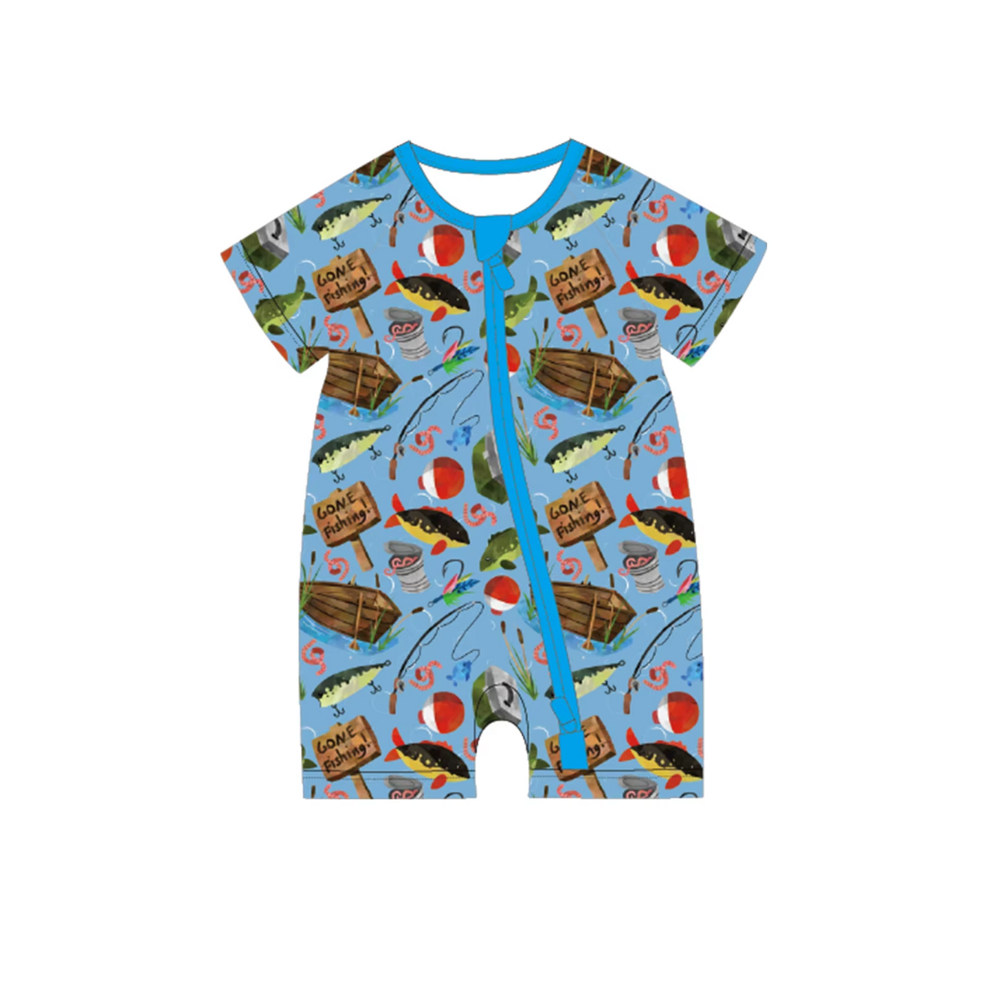 Preorder moq 5 Baby Boys Blue Short Sleeves Fishing Zipper Rompers