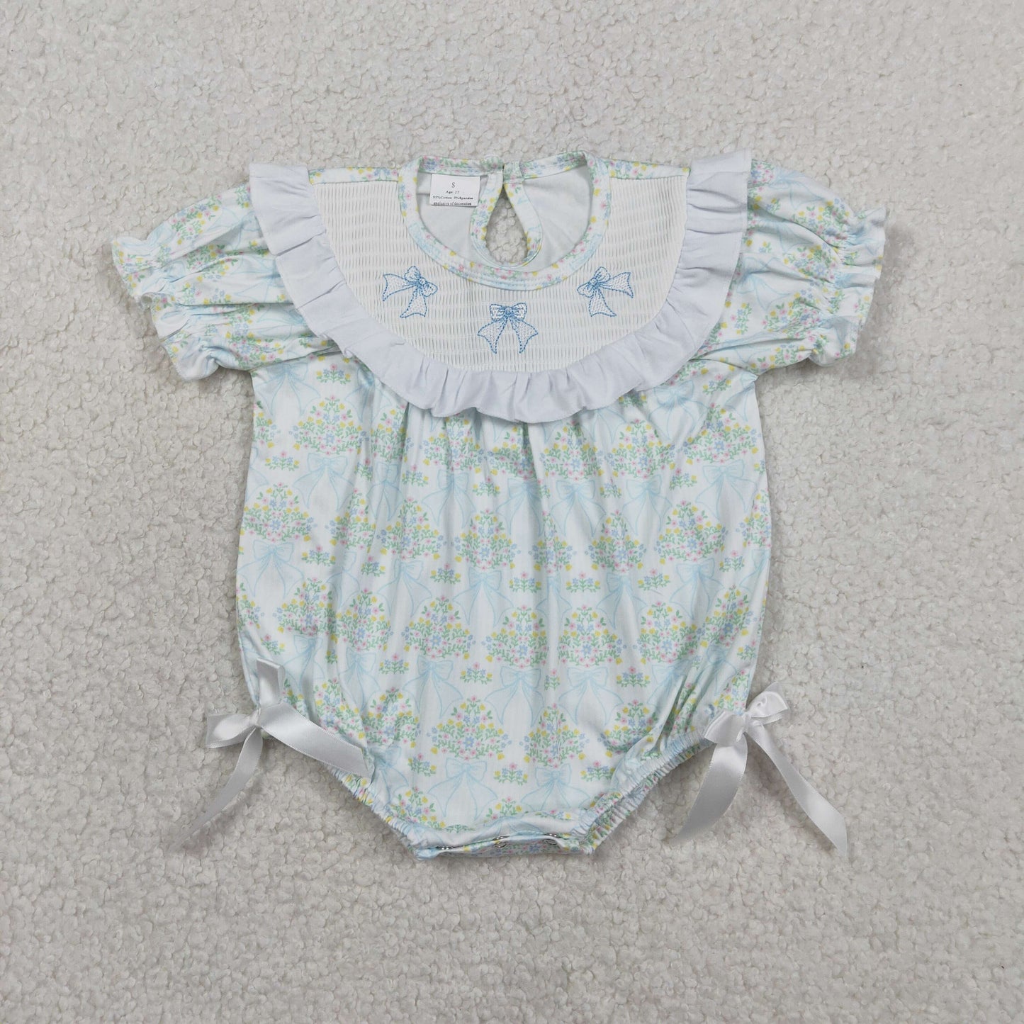 Smocked Bows Baby Girls Flowers Checked Ruffle Rompers