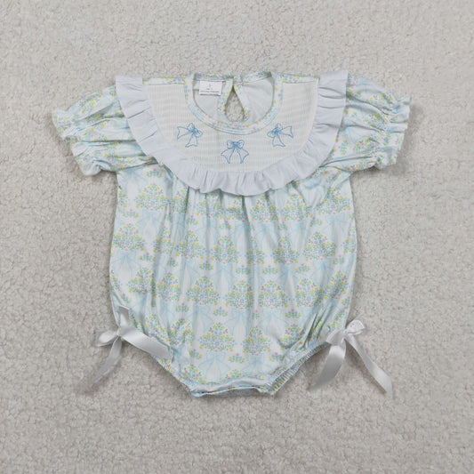 Smocked Bows Baby Girls Flowers Checked Ruffle Rompers