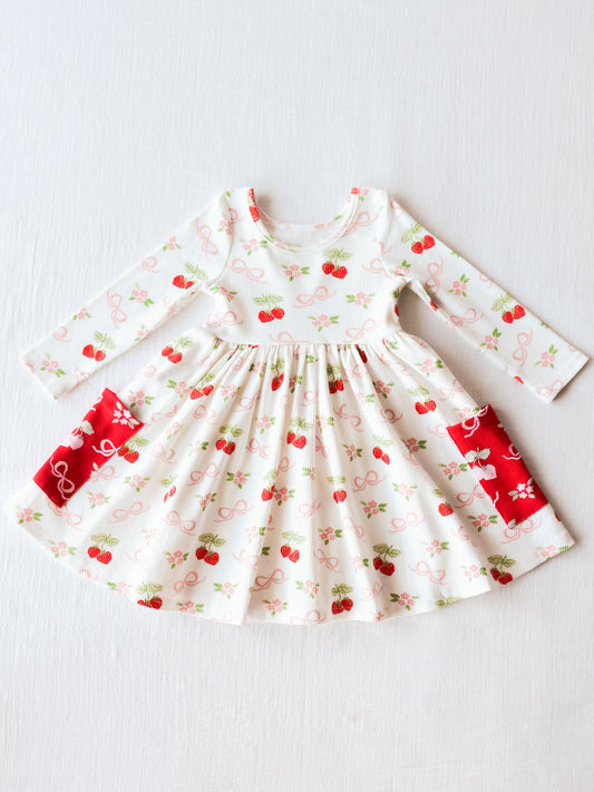 Baby Girls White Bows Strawberry Pockets Long Sleeve Knee Length Dresses Preorder(moq 5)