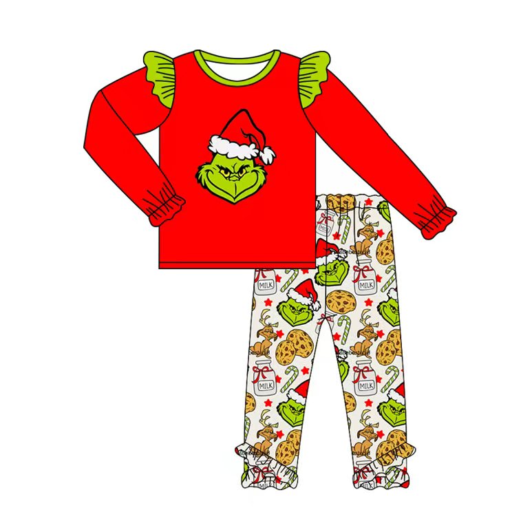 Preorder (moq 5)Baby Girls Christmas Green Face Top Ruffle Leggings Pants Clothes Sets