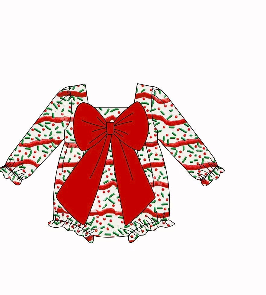 Preorder(moq 5)Baby Infant Girls Red Stripes Holly Bow Top Christmas Ruffle Rompers