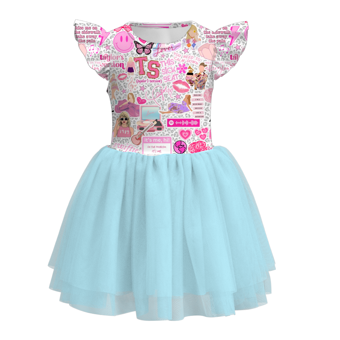 Baby Girls Singer Blue Swiftie Flutter Sleeve Tutu Knee Length Dresses preorder (moq 5)