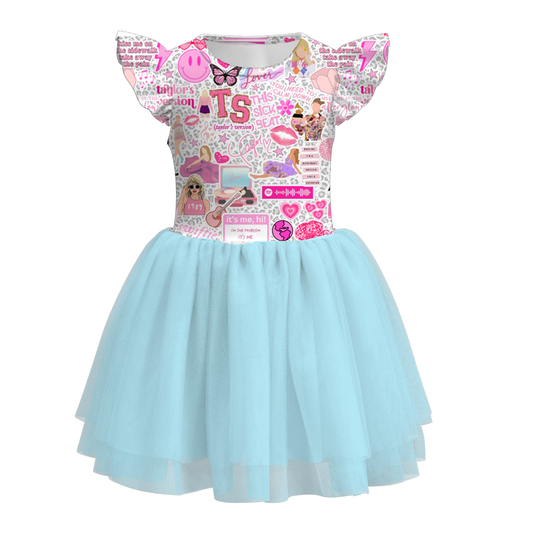 Baby Girls Singer Blue Swiftie Flutter Sleeve Tutu Knee Length Dresses preorder (moq 5)