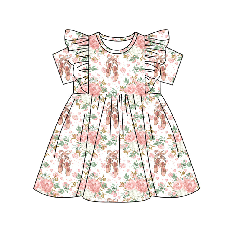 Preorder (moq 5)Baby Girls Ballet Shoes Flowers Bows Knee Length Dresses