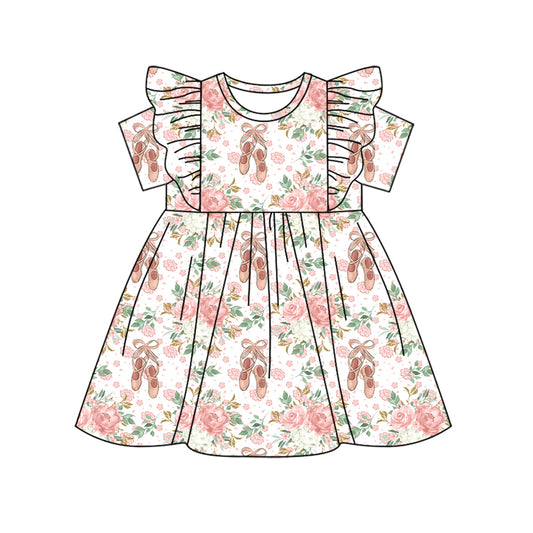 Preorder (moq 5)Baby Girls Ballet Shoes Flowers Bows Knee Length Dresses